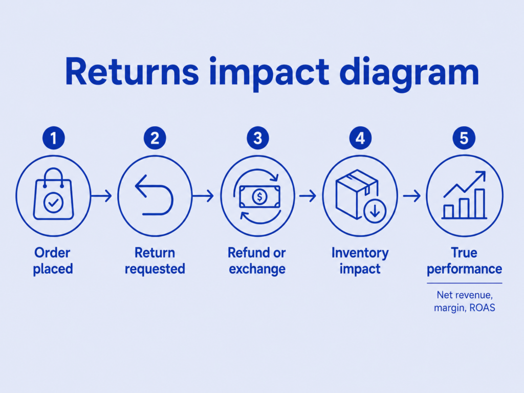 Fashion ecommerce returns impact diagram showing gross revenue, net revenue, margin and ROAS