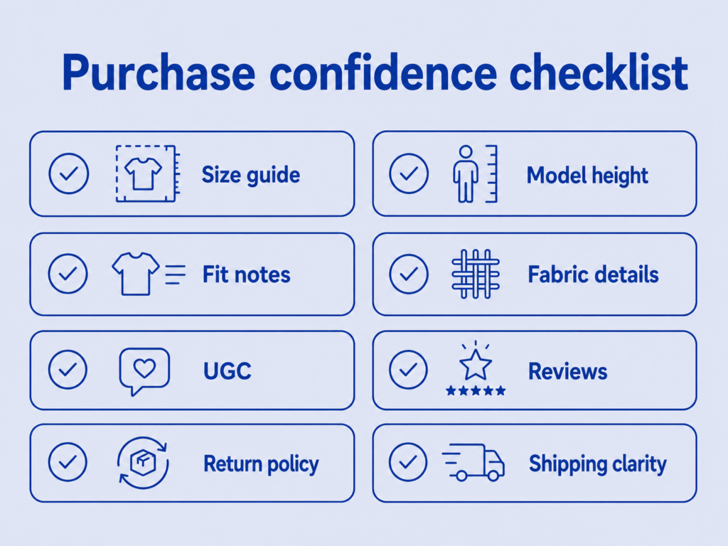 Fashion ecommerce purchase confidence checklist for product pages and checkout